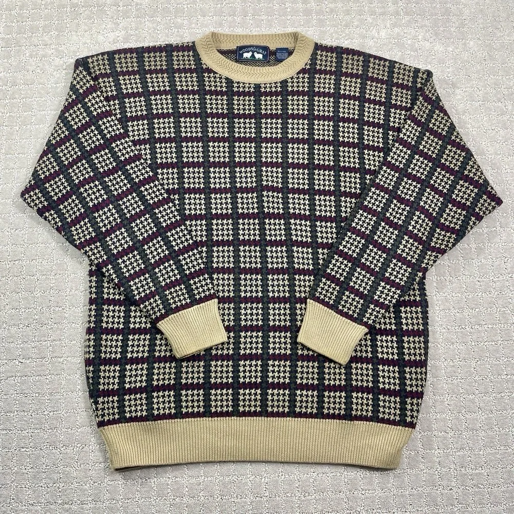 Vintage 90s Woods & Gray Checkered Size XL Geometric Square Knit‎ Sweater